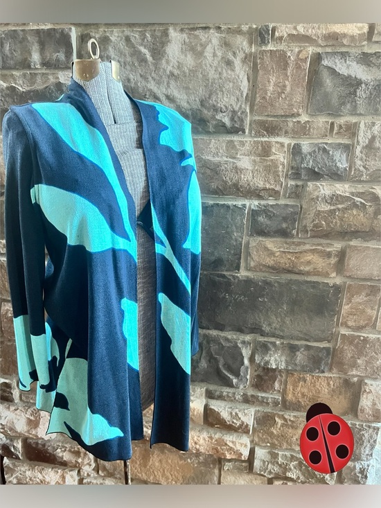 Chico's Sweaters - Chico's Open-Front Floral Cardigan - Turquoise & Navy
